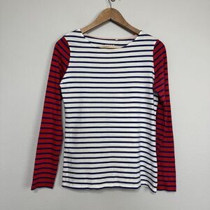 Boden Shirt Women's 6 Navy Red White Stripe Boat Neck Long Sleeve Cotton Breton